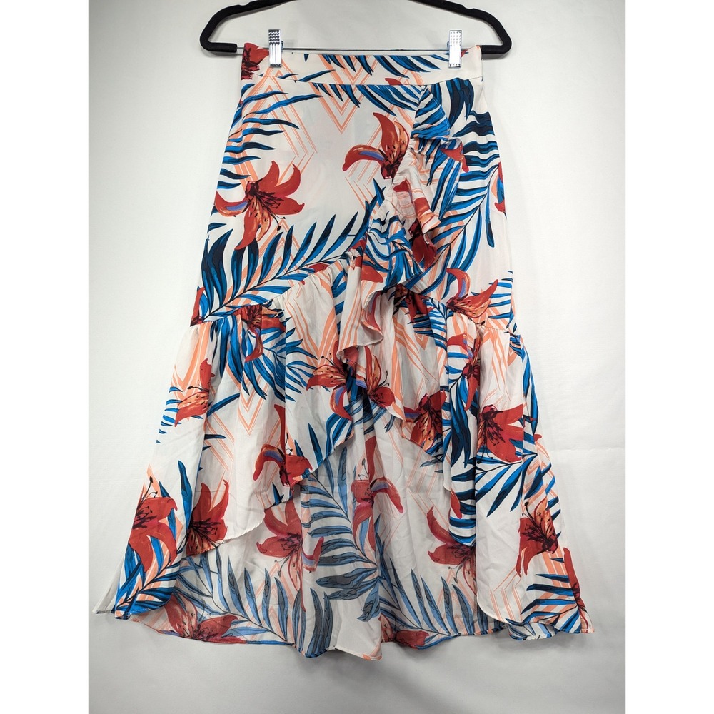 Milk & Honey Tropical Floral Print Ruffle High Low Maxi Skirt Womens M